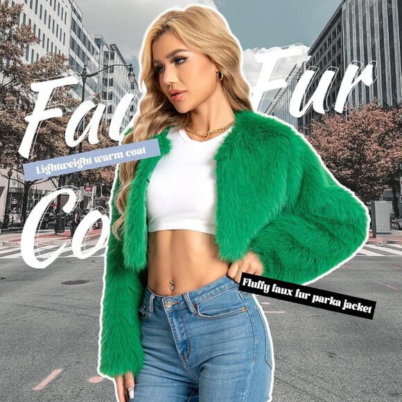 Women Green Cropped Fur Coat for Faux Furry Long Sleeve Cropped Fluffy Jacket - Picture 2 of 6